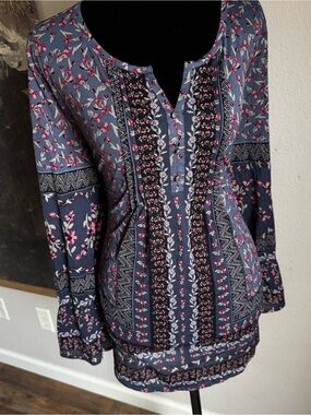 Style & Co. Blue Floral Split-Neck Tunic with Pink Accents